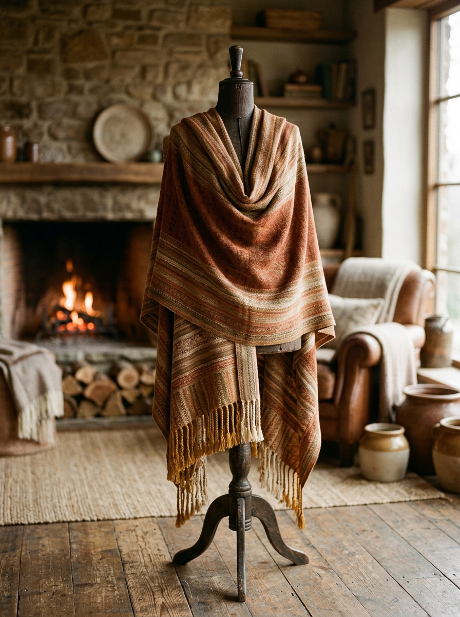 A warm-toned fringed shawl on a mannequin, styling reference